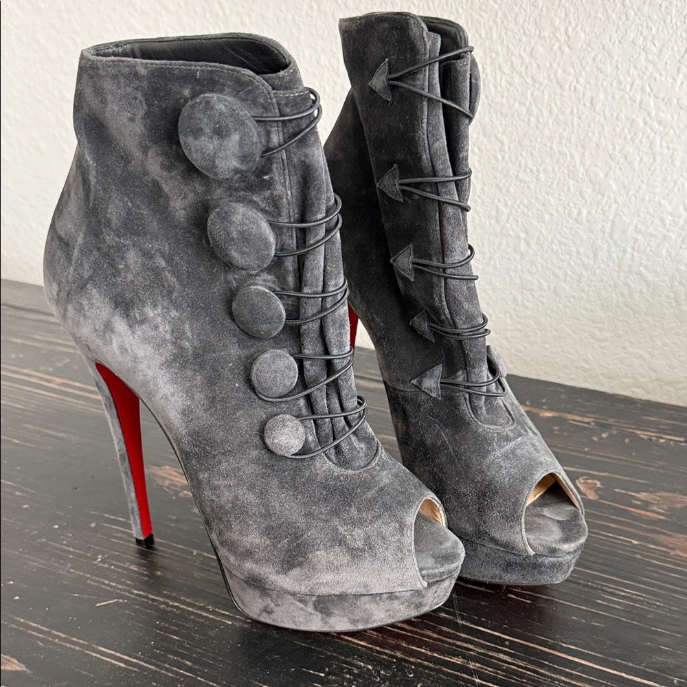 Christian Louboutin Lady Booton grey suede platform peep-toe ankle boots